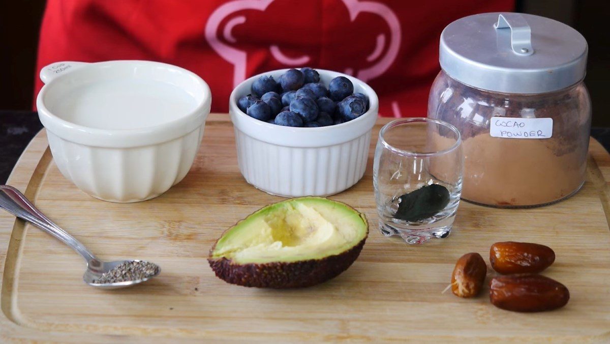 Ingredients for avocado cocoa smoothie