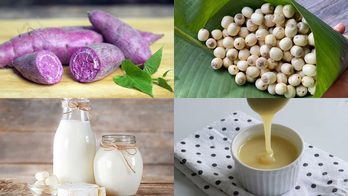 Ingredients for purple sweet potato lotus seed milk dish
