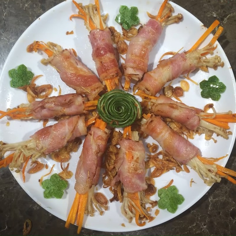 Step 4 Final Product Bacon rolled with enoki mushrooms