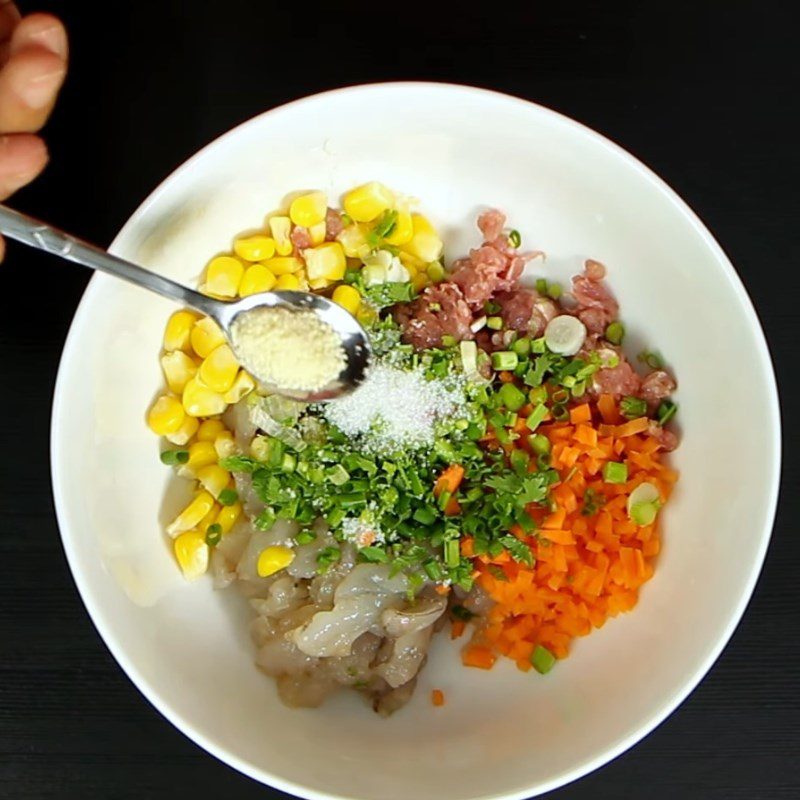 Step 2 Mix the filling for Colorful Steamed Shrimp Omelette
