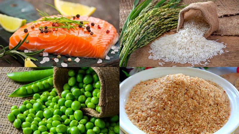 Ingredients for the dish of 2 ways to cook salmon porridge with green peas and peanuts