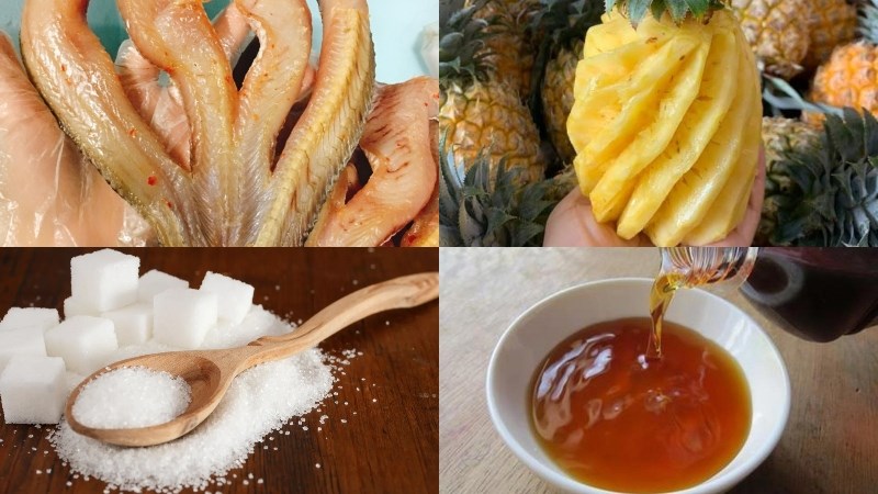 Ingredients for the dish of dried snakehead fish cooked with pineapple and pepper