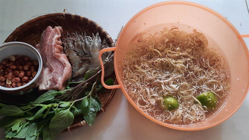 Ingredients for banana flower salad with shrimp and pork