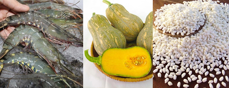 Ingredients for dish 2 methods of cooking pumpkin shrimp porridge and minced shrimp porridge
