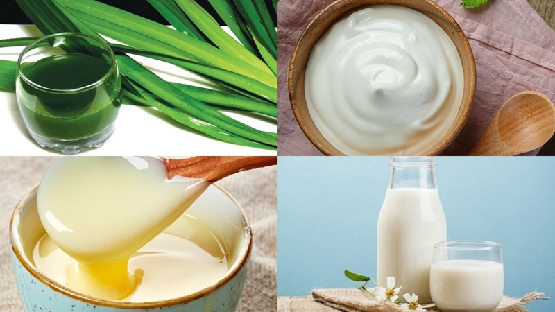 Ingredients for the dish with 2 methods to make matcha yogurt and pandan yogurt