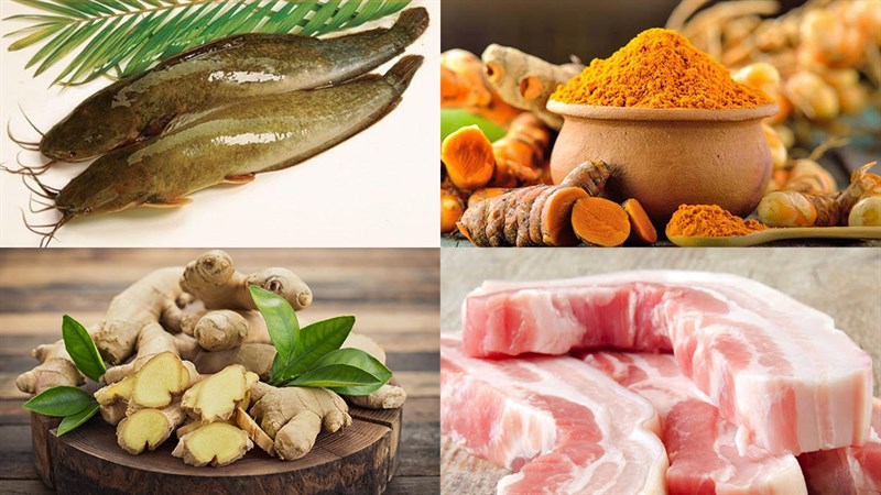 Ingredients for the dish 3 ways to cook catfish with ginger, catfish cooked with turmeric