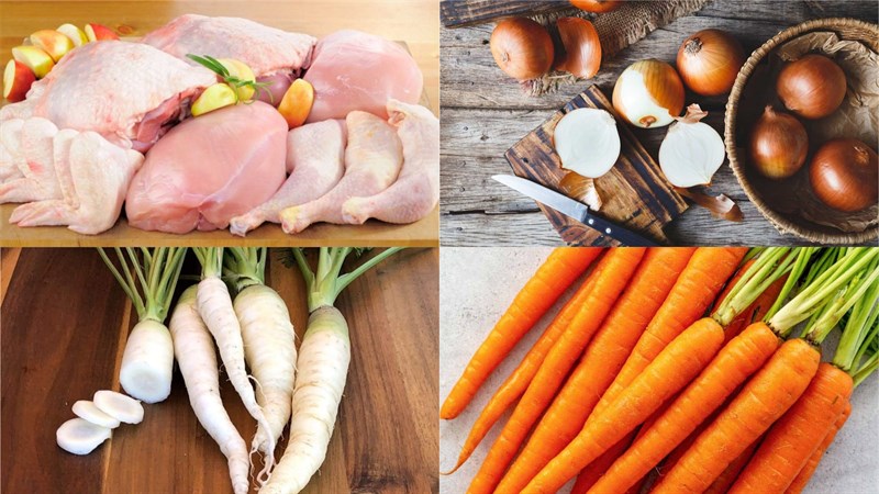 Ingredients for the dish with 2 ways to make braised chicken with potatoes and radish