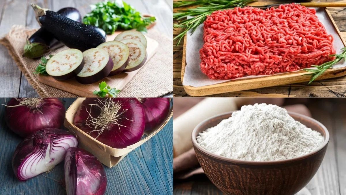 Ingredients for the dish of eggplant rolled with fried meat