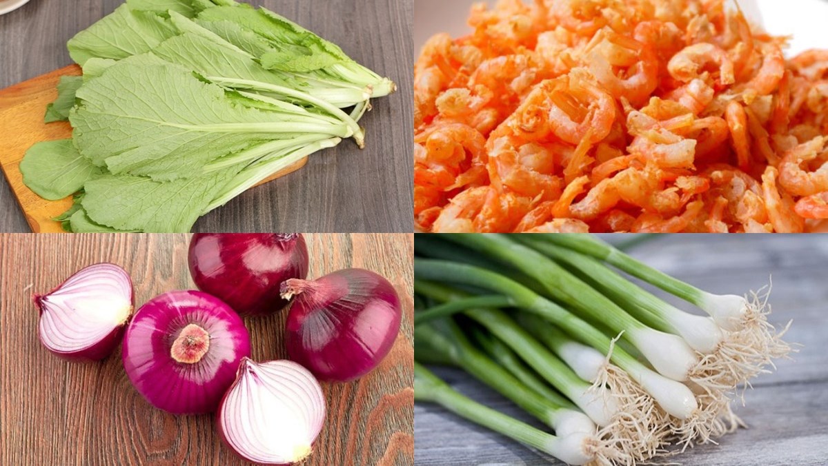 Ingredients for the dish of fresh shrimp and dried shrimp cooked with green mustard