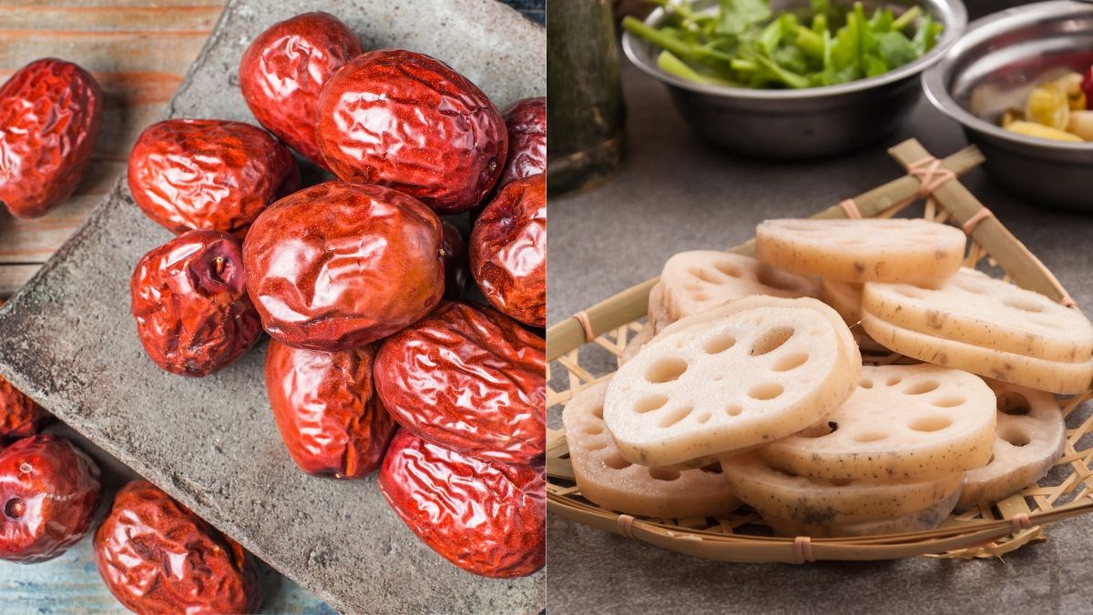 Ingredients for lotus root and red apple soup