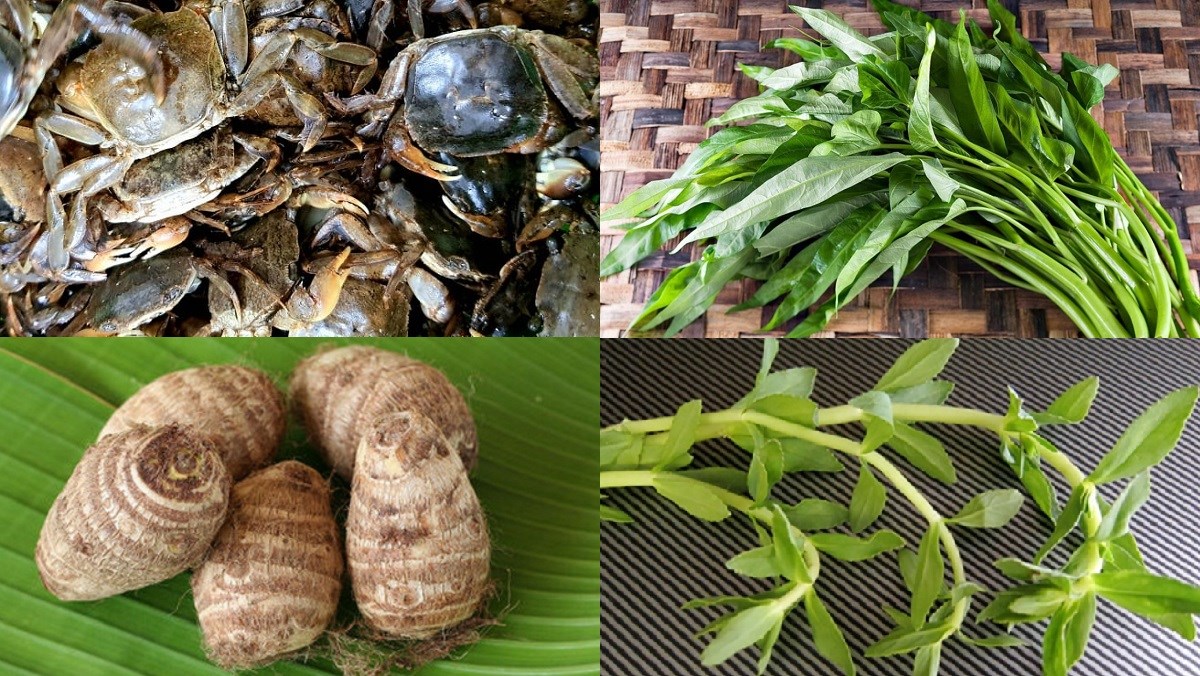 Ingredients for crab soup with water spinach and taro