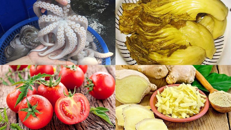 Ingredients for the dish of 2 ways to make stir-fried octopus with cucumber and pickled greens