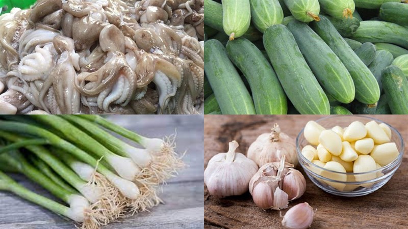 Ingredients for 2 ways to make stir-fried octopus with cucumber and pickled vegetables