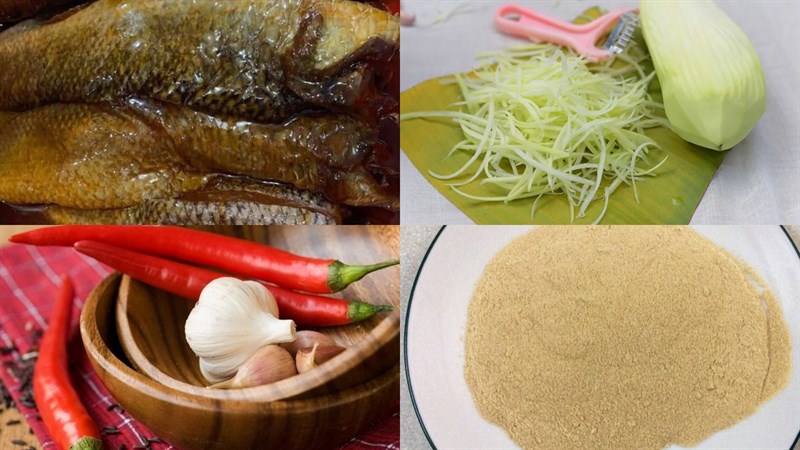 Ingredients for fish sauce with snakehead fish and green papaya
