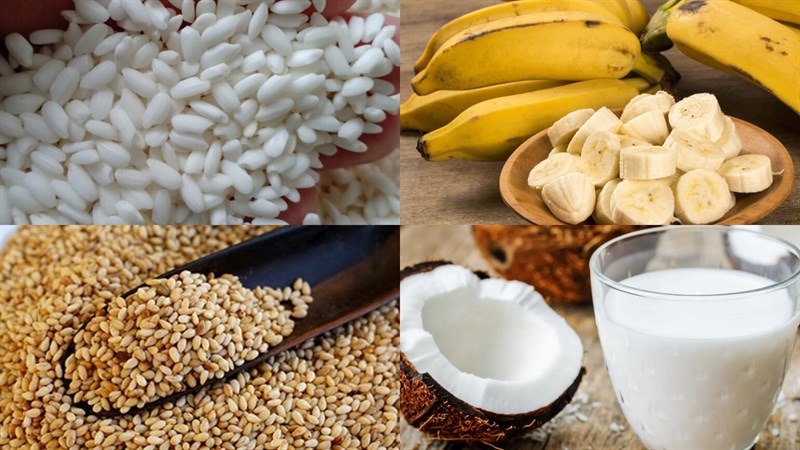 Ingredients for the dish banana sticky rice with tapioca pearls