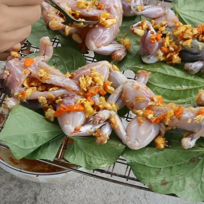 Step 3 Grilling frog Whole frog grilled with guava leaves