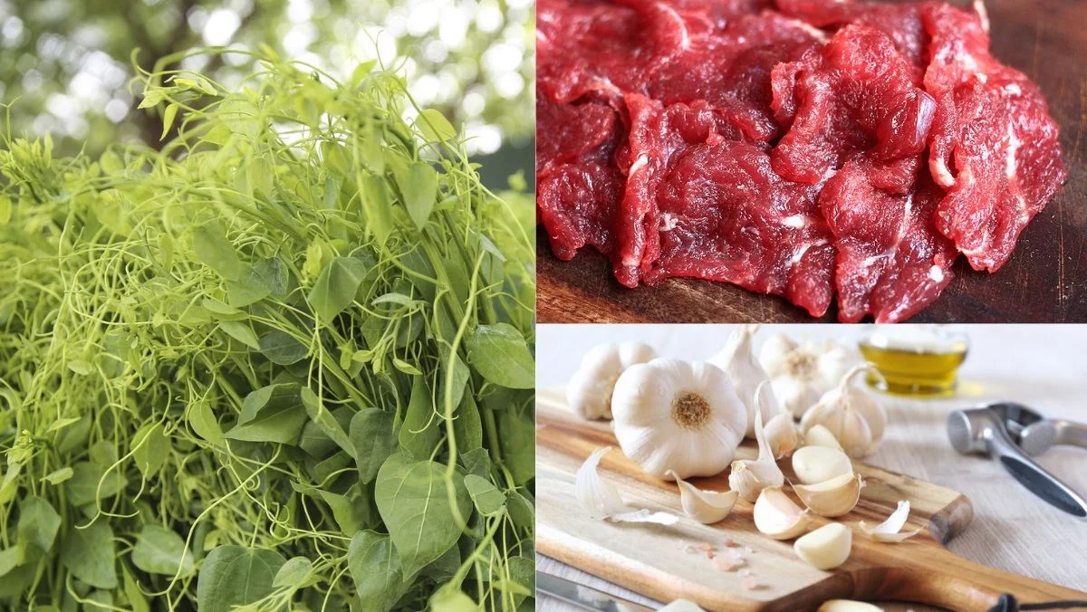 Ingredients for the dish 3 ways to cook sautéed water spinach in a deep pan super simple