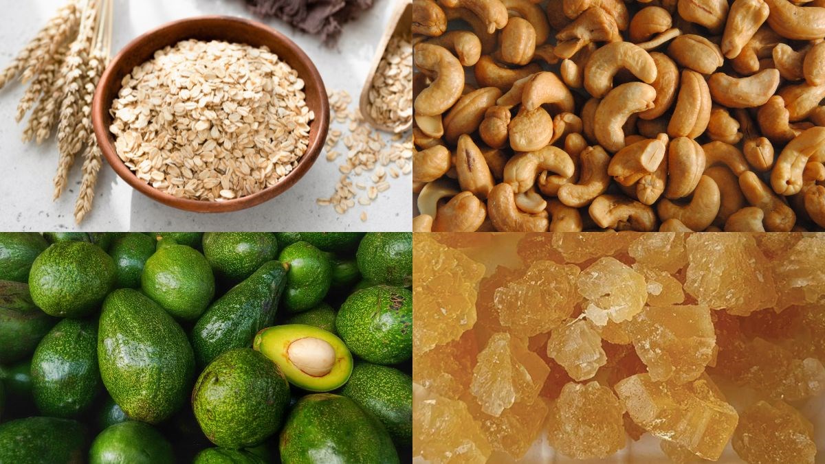 Ingredients for cashew nut milk with oats, butter, and rock sugar