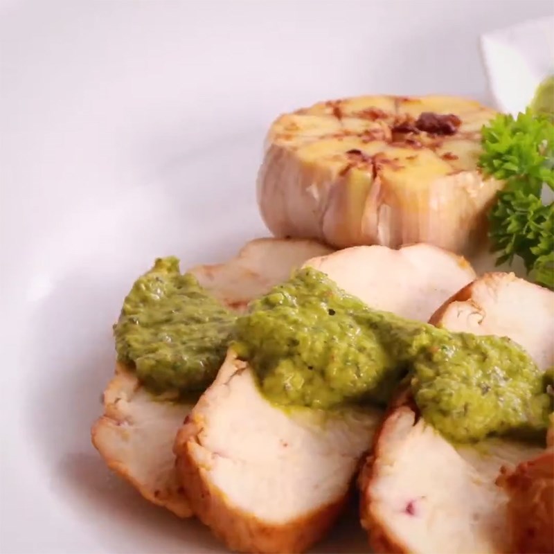Step 5 Final product Pan-fried chicken breast with chimichurri sauce