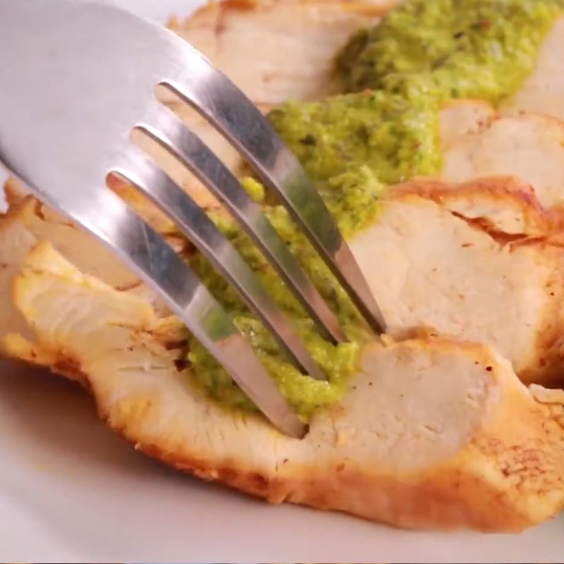 Step 5 Final product Pan-fried chicken breast with chimichurri sauce