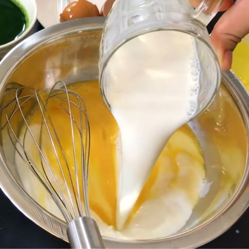 Step 2 Mixing egg and milk mixture for Green Tea Flan