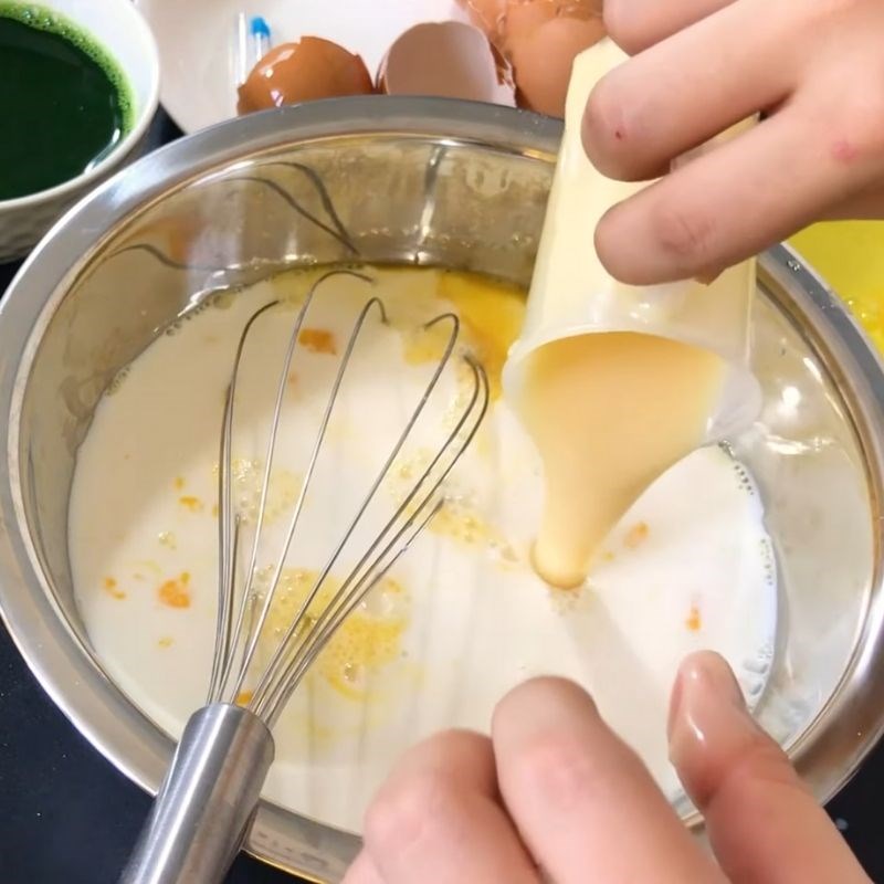 Step 2 Mixing egg and milk mixture for Green Tea Flan